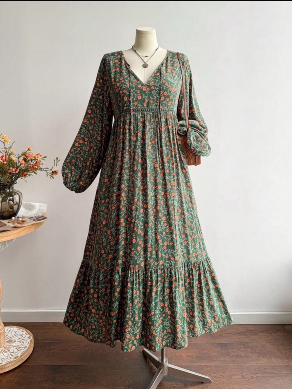 SHEIN Green Floral V-Neck Tiered Maxi Dress with Orange Accents